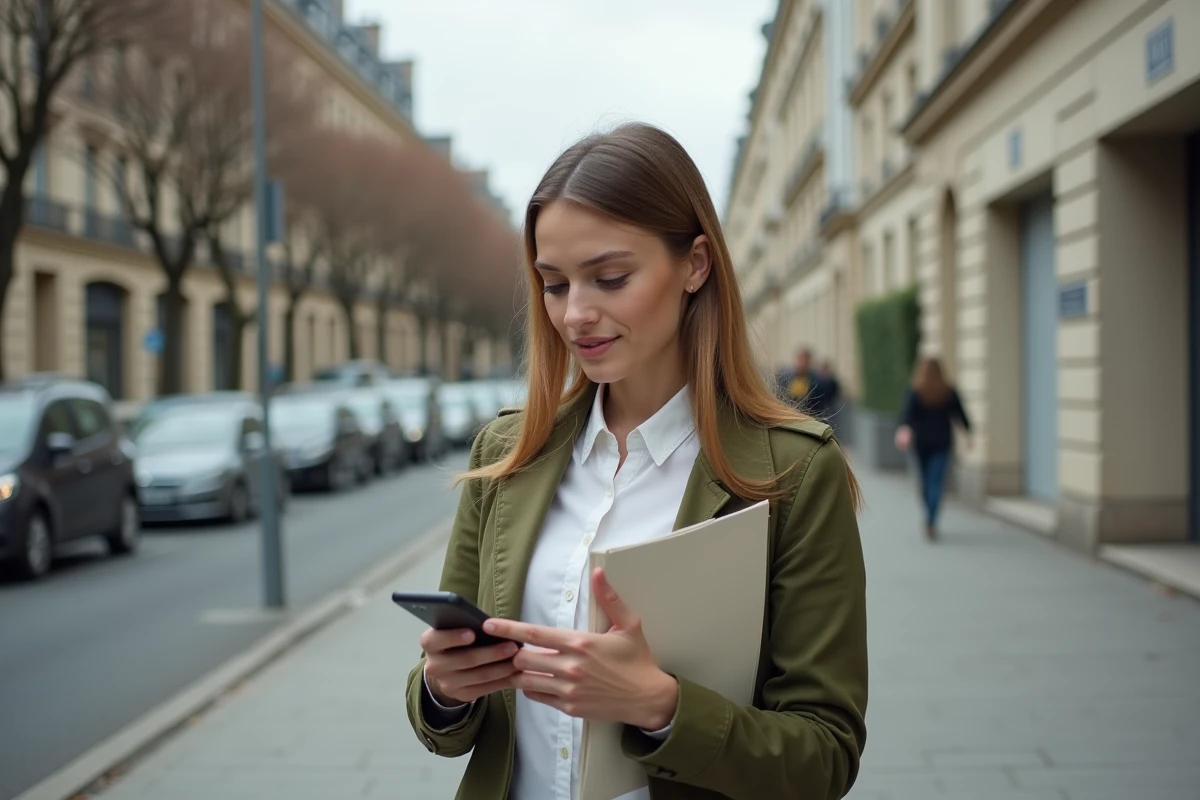 Jeune femme vérifiant l'adresse de la CPAM Nanterre sur son téléphone devant un bâtiment administratif