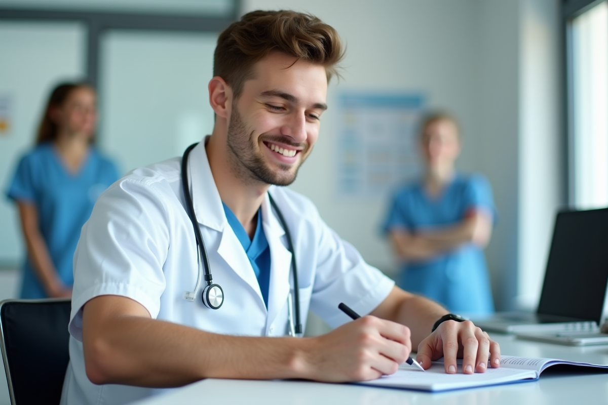 Aide-soignant notant sur un dossier dans un cabinet médical