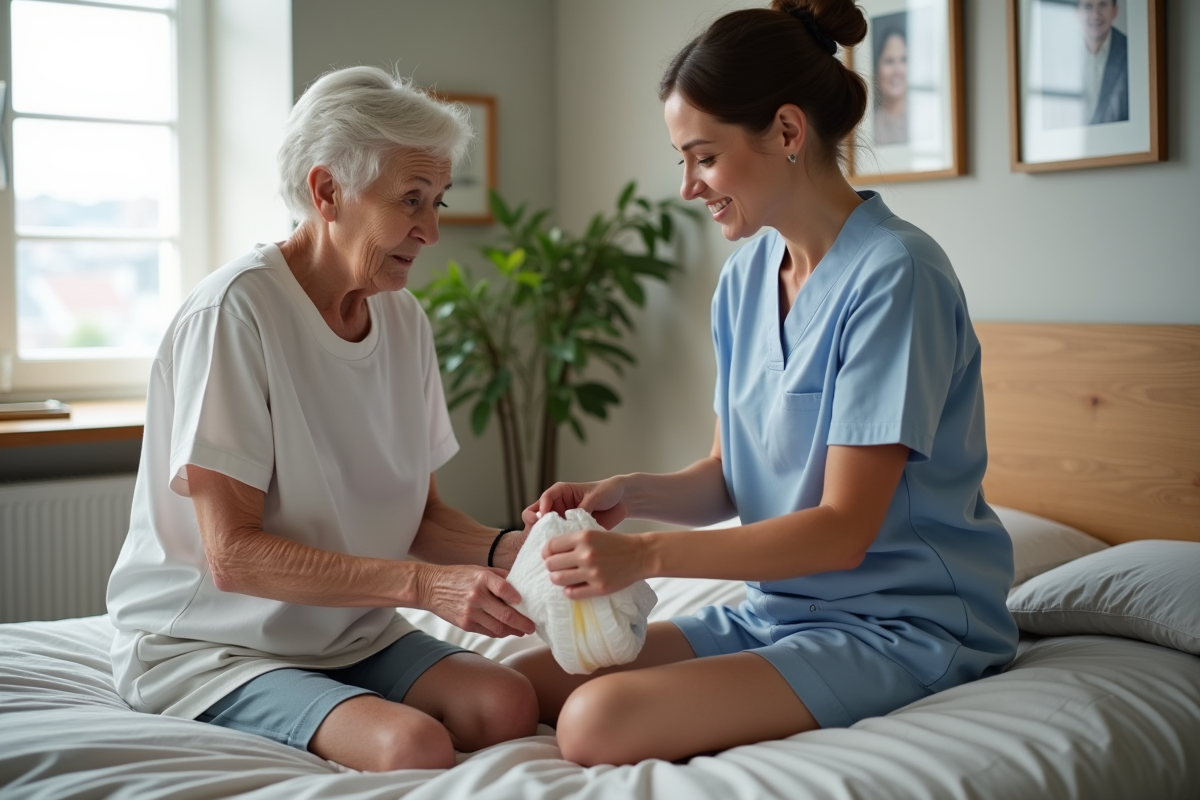 Aide-soignante aidant une personne agee dans une chambre intime