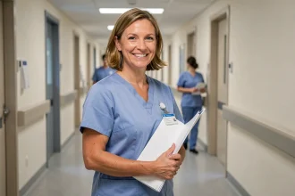 Aide soignante souriante en tenue médicale dans un couloir d'hôpital moderne au Luxembourg