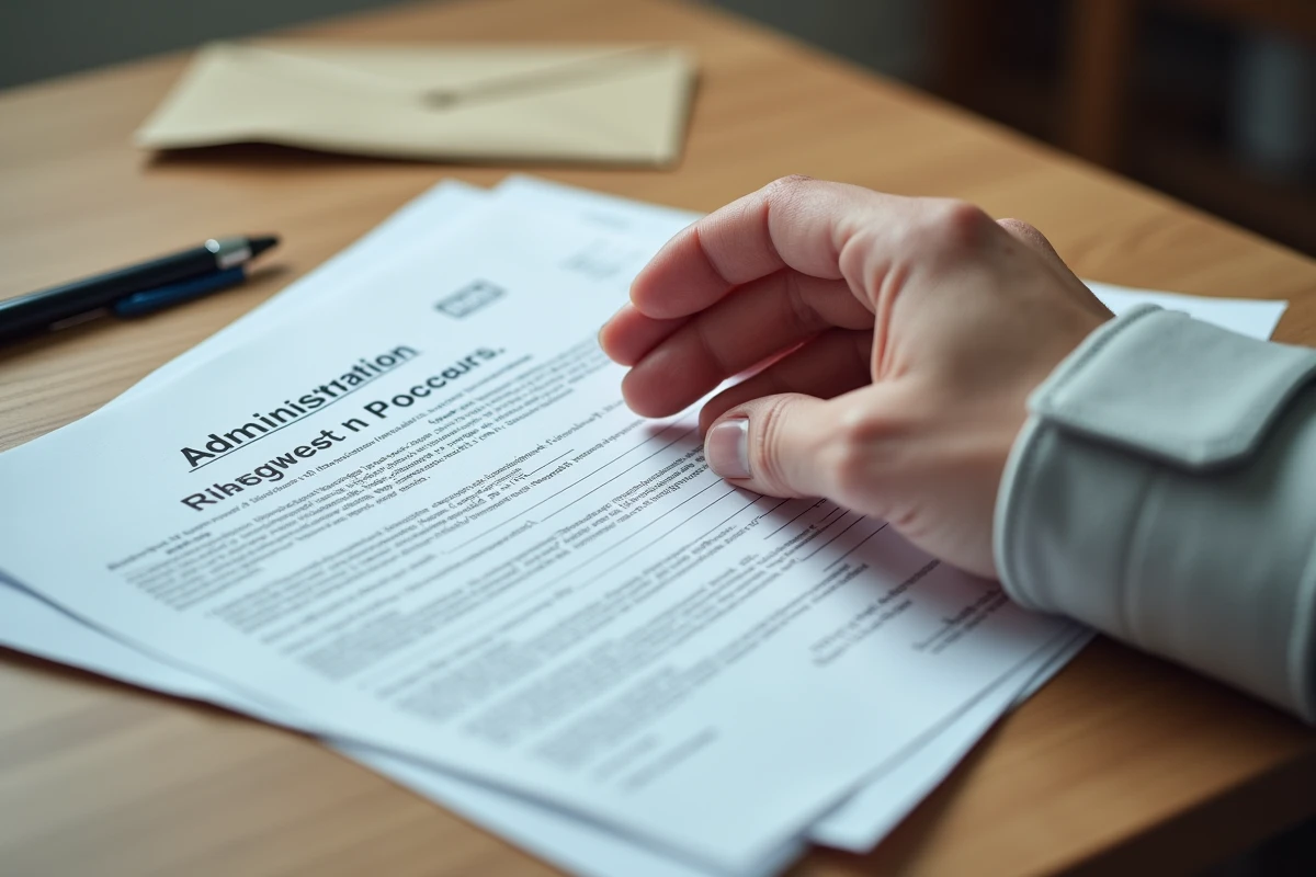 Main portant une attelle d'algodystrophie posée sur des documents administratifs et un certificat médical d'invalidité pour une demande de taux d'incapacité