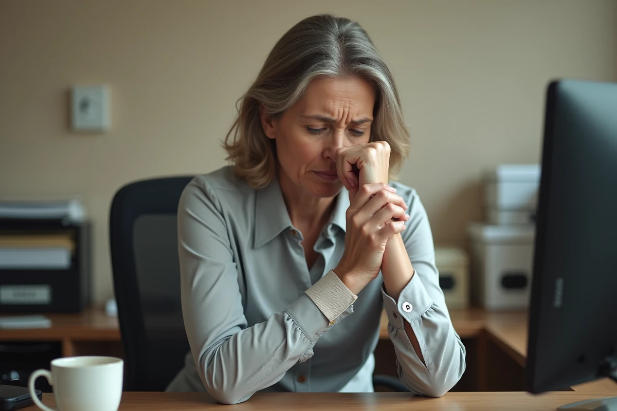 Femme de 50 ans souffrant d'algodystrophie au poignet sur son lieu de travail, tenant sa main avec une expression douloureuse dans un bureau administratif