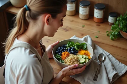Femme préparant un bol anti-inflammatoire avec quinoa, courgette et myrtilles pour soulager l'intestin irritable