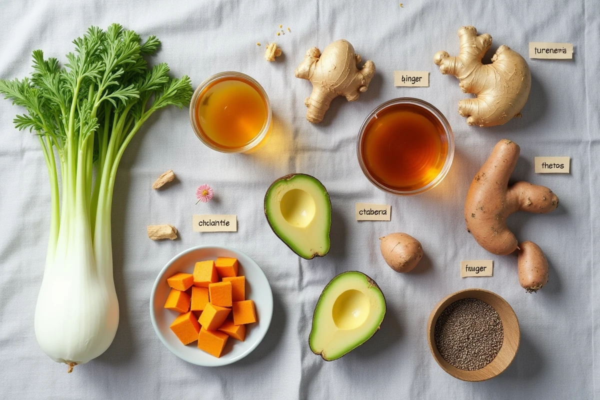 Flat lay d'aliments anti-inflammatoires contre les ballonnements incluant fenouil, gingembre, avocat et graines de chia