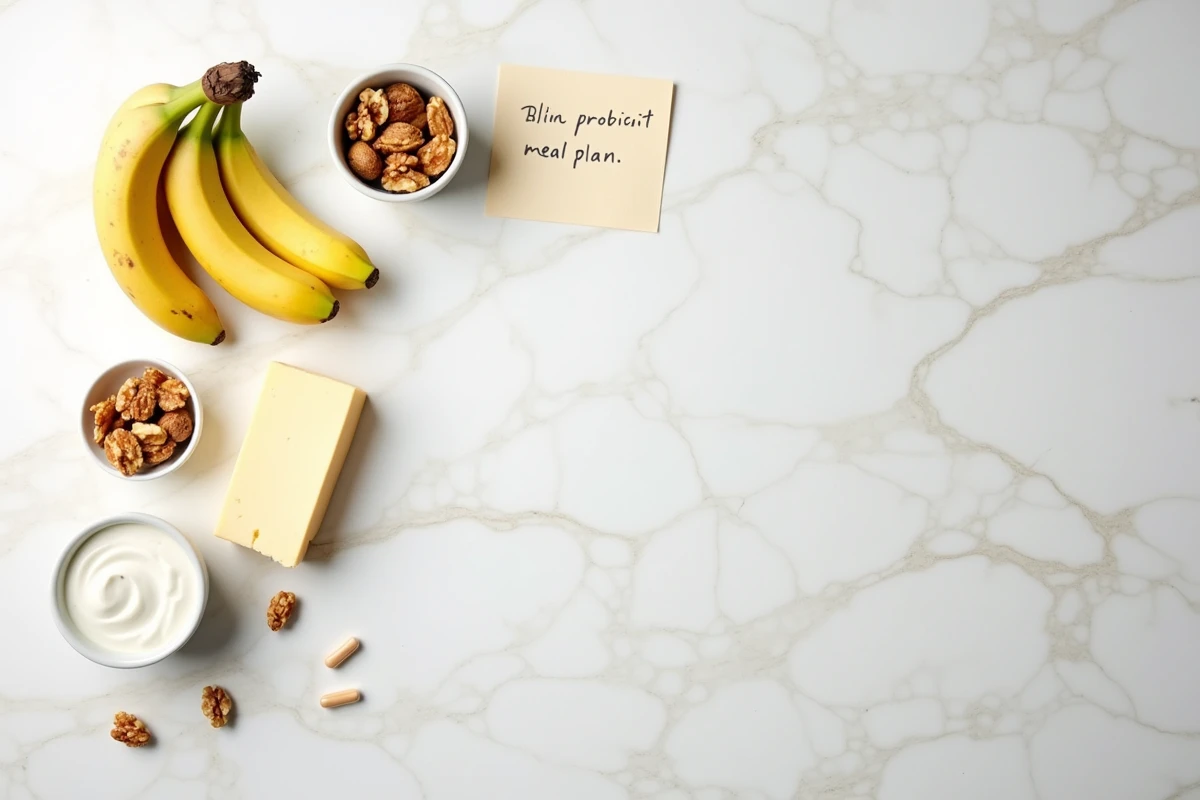 Vue de dessus d'aliments compatibles régime FODMAP et probiotiques sur un comptoir en marbre blanc