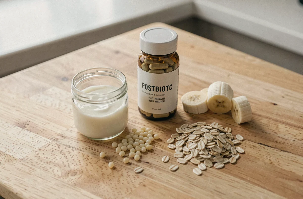 Composition de produits fermentés et de compléments postbiotiques sur une table en bois pour illustrer la santé du microbiote intestinal