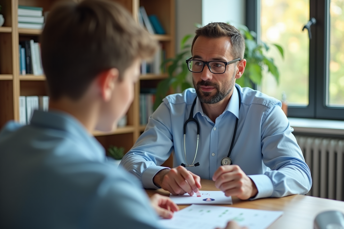 Allergologue homme discute avec un adolescent dans un bureau calme