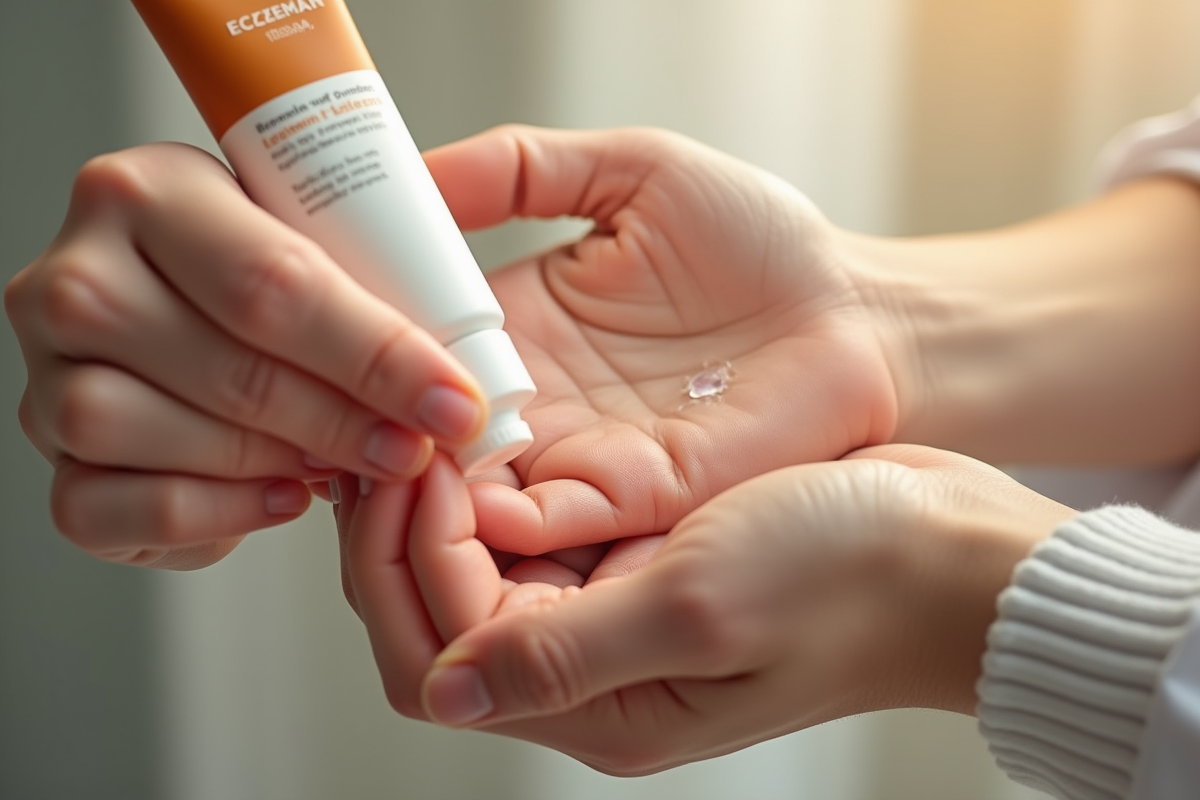 Mains appliquant une creme ezema sur une peau irritée