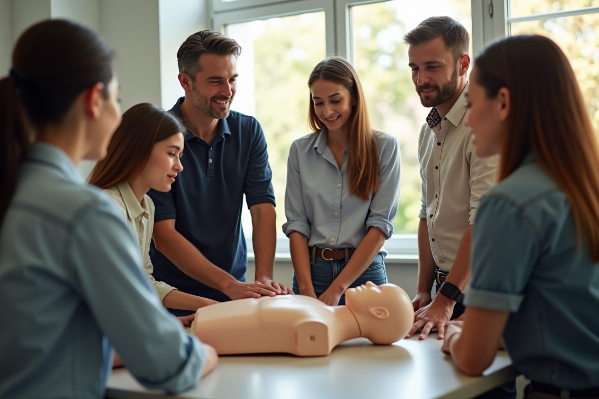 Groupe divers apprenant les gestes de secourisme autour d'un mannequin