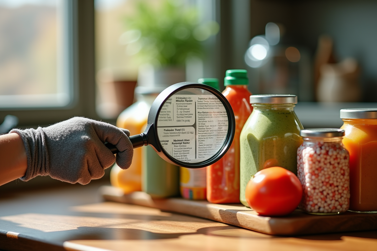 Main tenant une loupe sur un assortiment d aliments emballes avec étiquettes d ingrédients