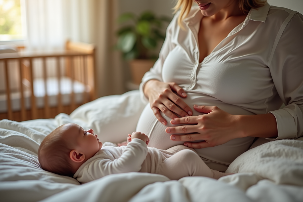 Bebe nouveau-ne avec sa maman dans un lit lumineux