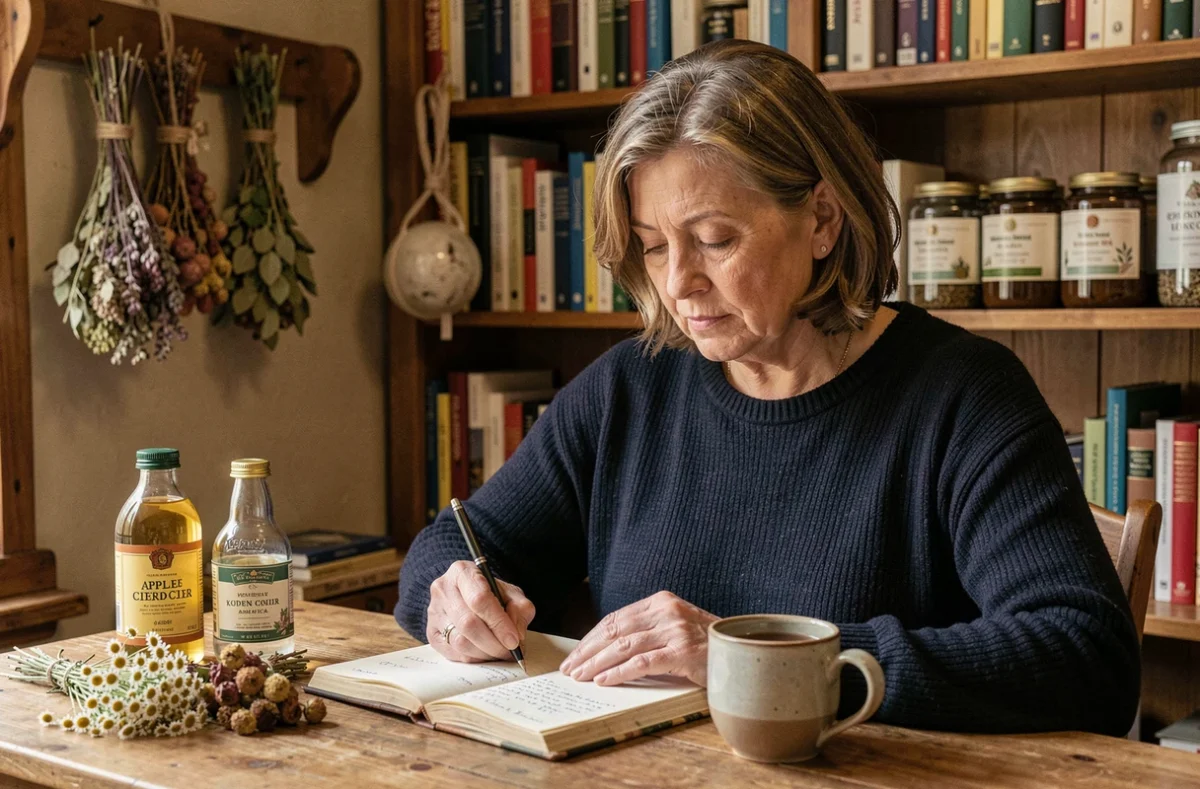 Femme d'une cinquantaine d'années consultant un carnet de remèdes naturels avec vinaigre de cidre et camomille pour soulager les démangeaisons intimes