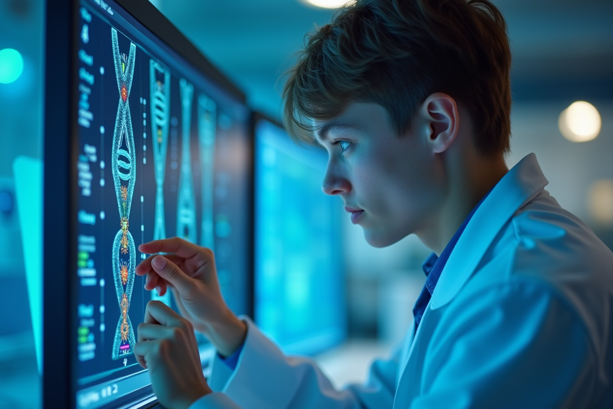 Jeune chercheur en génétique étudiant un chromosome 7 sur un écran