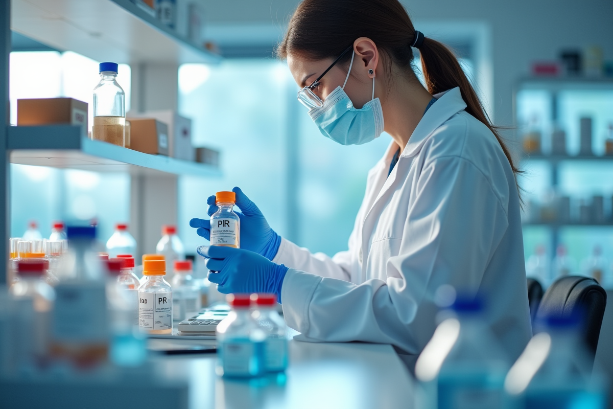 Chercheur en laboratoire pharmaceutique manipulant un flacon PIR