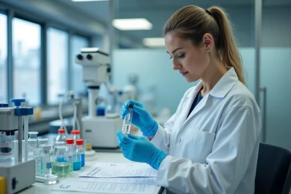 Chercheuse en blouse blanche examinant un flacon dans un laboratoire clinique moderne lors d'une étude sur le Zonivizectrum