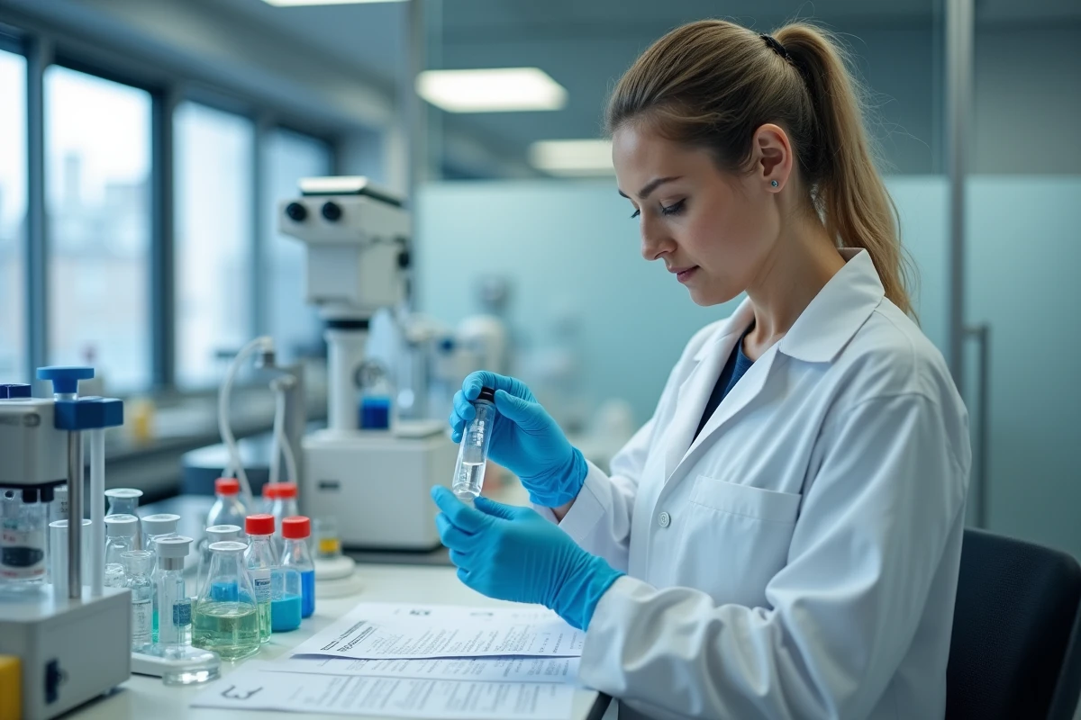 Chercheuse en blouse blanche examinant un flacon dans un laboratoire clinique moderne lors d'une étude sur le Zonivizectrum