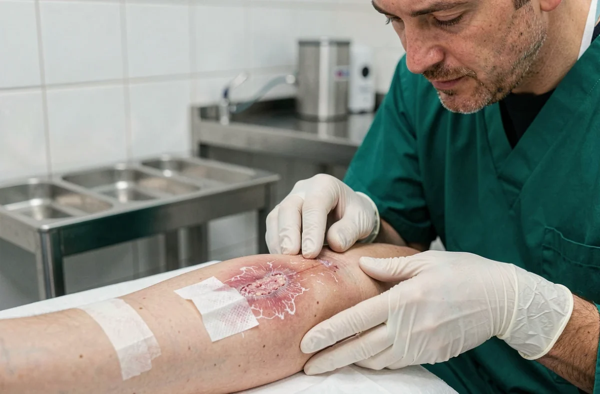 Chirurgien examinant une plaie chirurgicale avec formation de fibrine et tissu de granulation visible