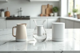Comparaison entre une perle de céramique, une carafe filtrante et un osmoseur posés sur un plan de travail en marbre blanc dans une cuisine moderne