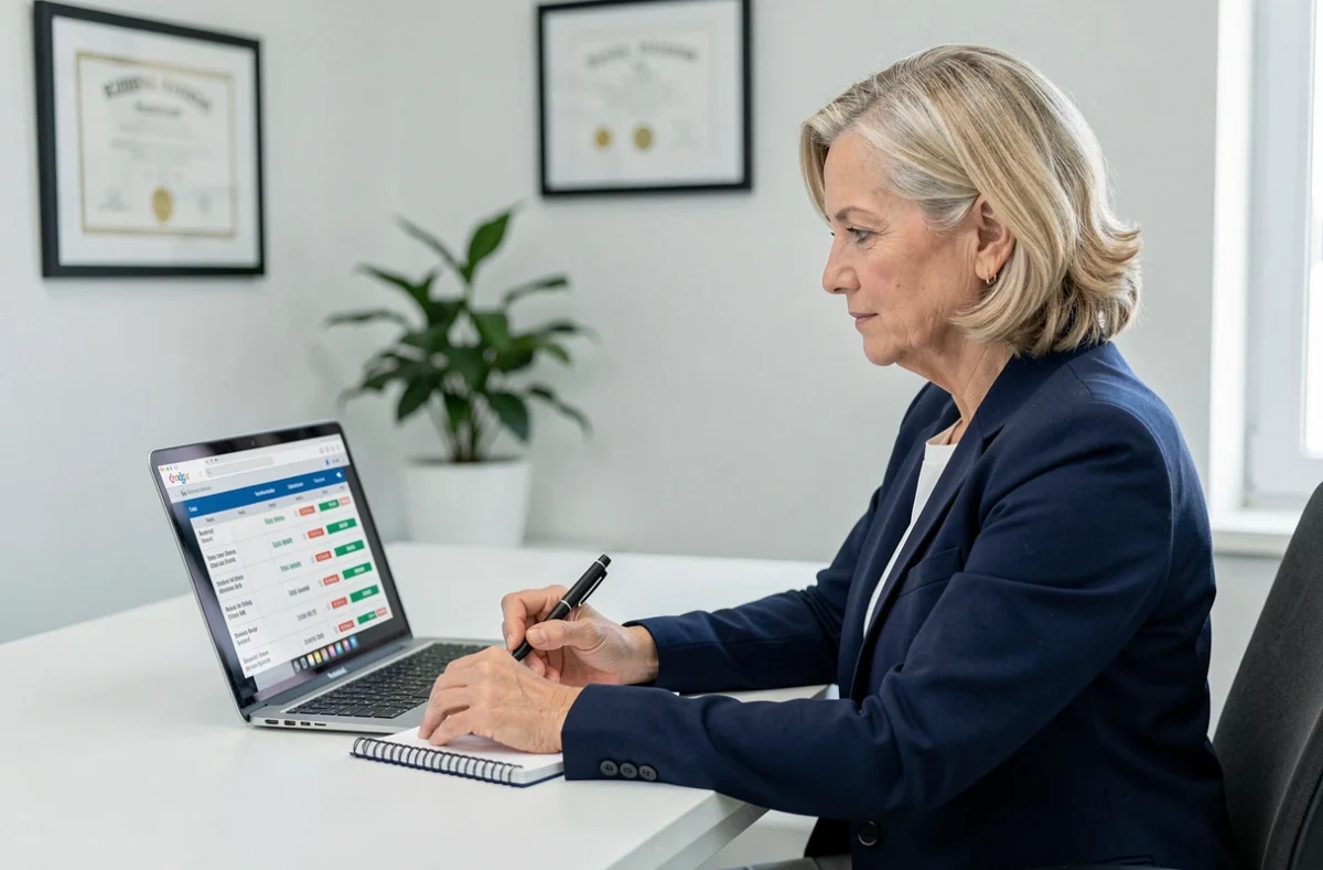 Femme d'âge mûr comparant les prix des traitements GLP-1 pour la perte de poids sur un ordinateur en cabinet médical