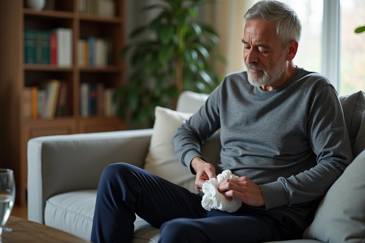 Homme appliquant une compresse froide sur l'aine droite pour soulager la douleur assis dans son salon
