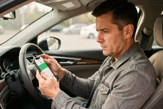 Conducteur utilisant un simulateur d'alcoolémie sur smartphone avant de prendre le volant