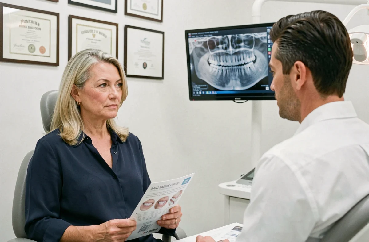 Femme discutant des alternatives à l'implant dentaire avec son dentiste lors d'une consultation