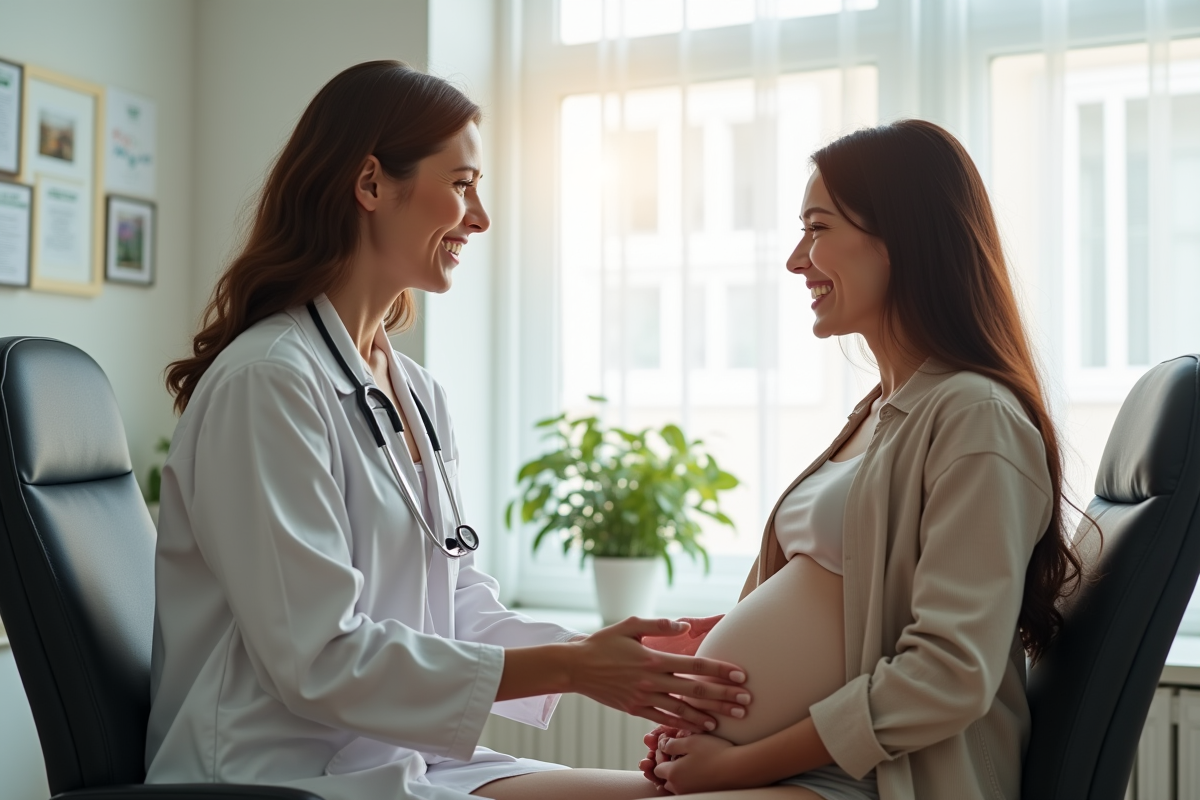 Médecin et femme enceinte discutant dans un cabinet lumineux