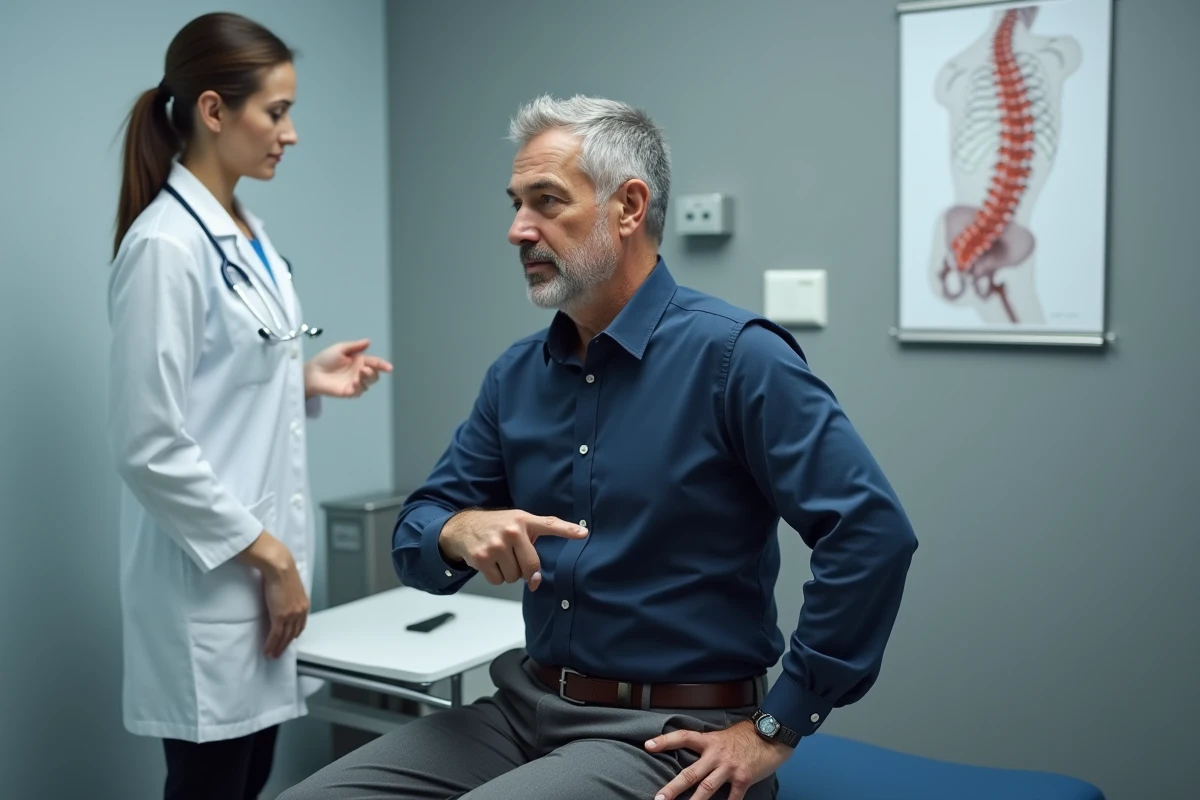 Patient montrant sa douleur dans le bas du dos côté droit à un médecin lors d'une consultation médicale