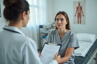 Femme en consultation médicale discutant de symptômes avec son médecin dans un cabinet clinique moderne
