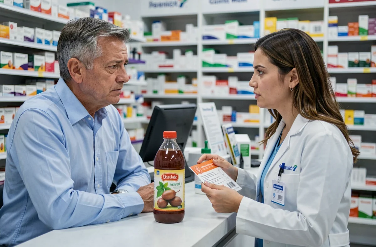 Un homme d'âge moyen consultant une pharmacienne au sujet des effets du jus de tamarin sur un estomac fragile dans une pharmacie