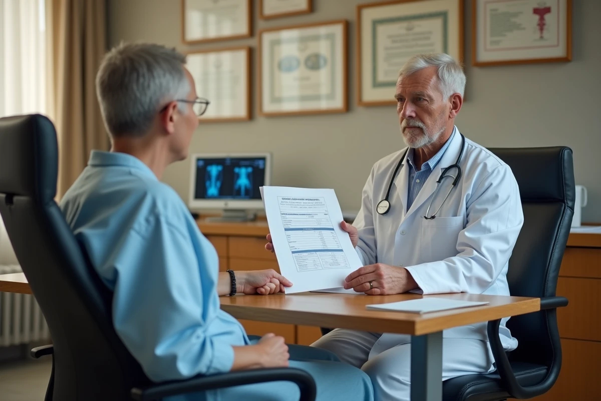 Patient et médecin examinant une facture de TEP scan lors d'une consultation médicale