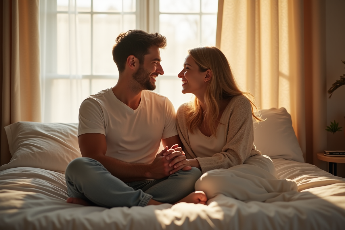 Jeune couple souriant dans un lit cosy en lumière naturelle