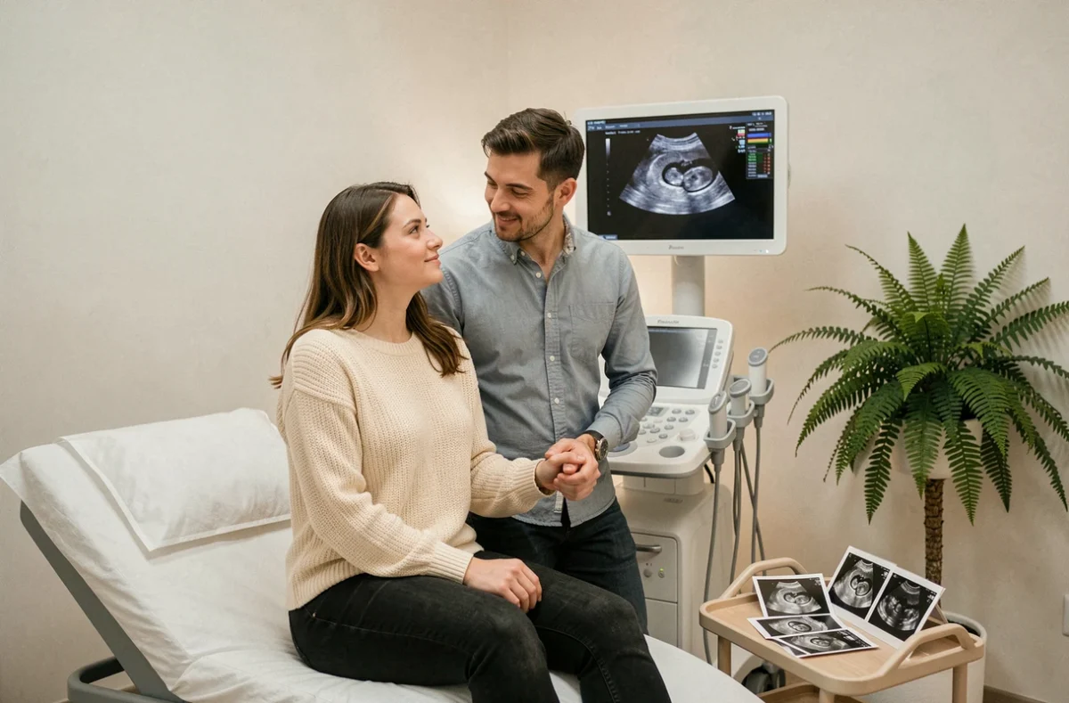 Couple ému découvrant ensemble l'image de leur bébé sur l'écran lors d'une consultation d'échographie de datation