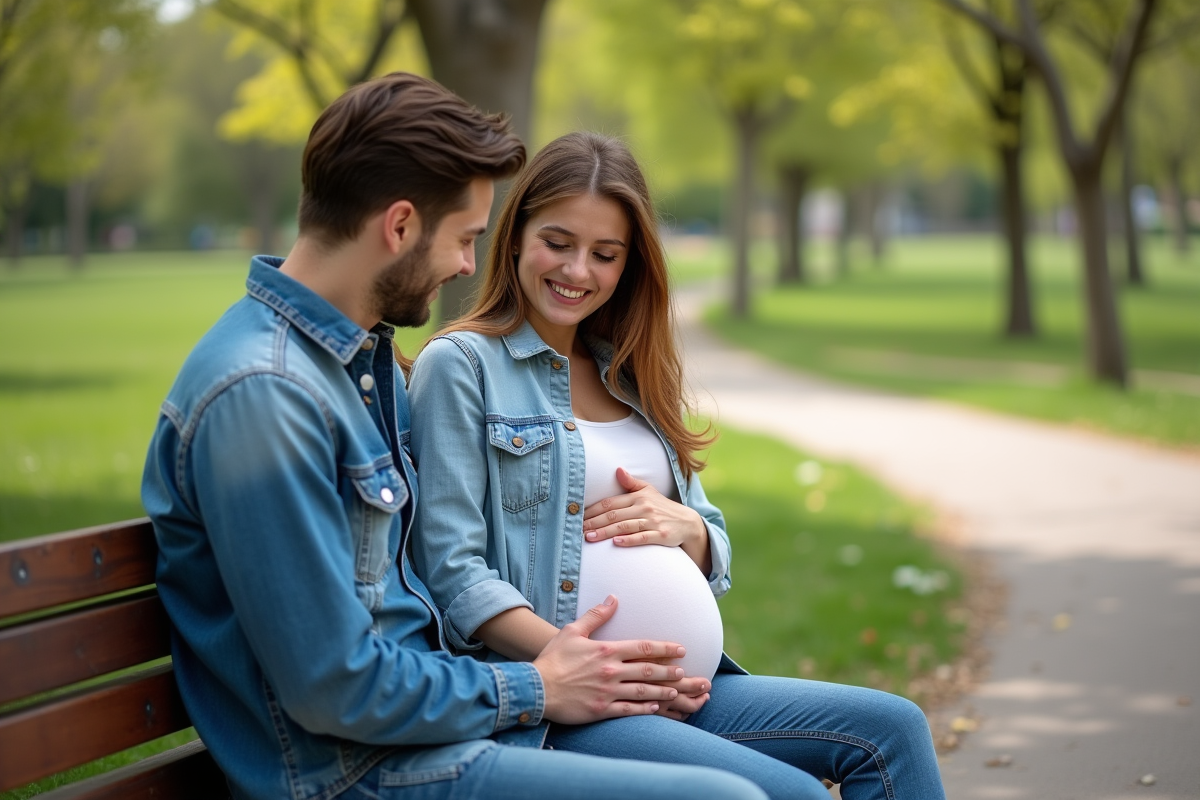 Jeune couple enceinte riant sur un banc de parc en été