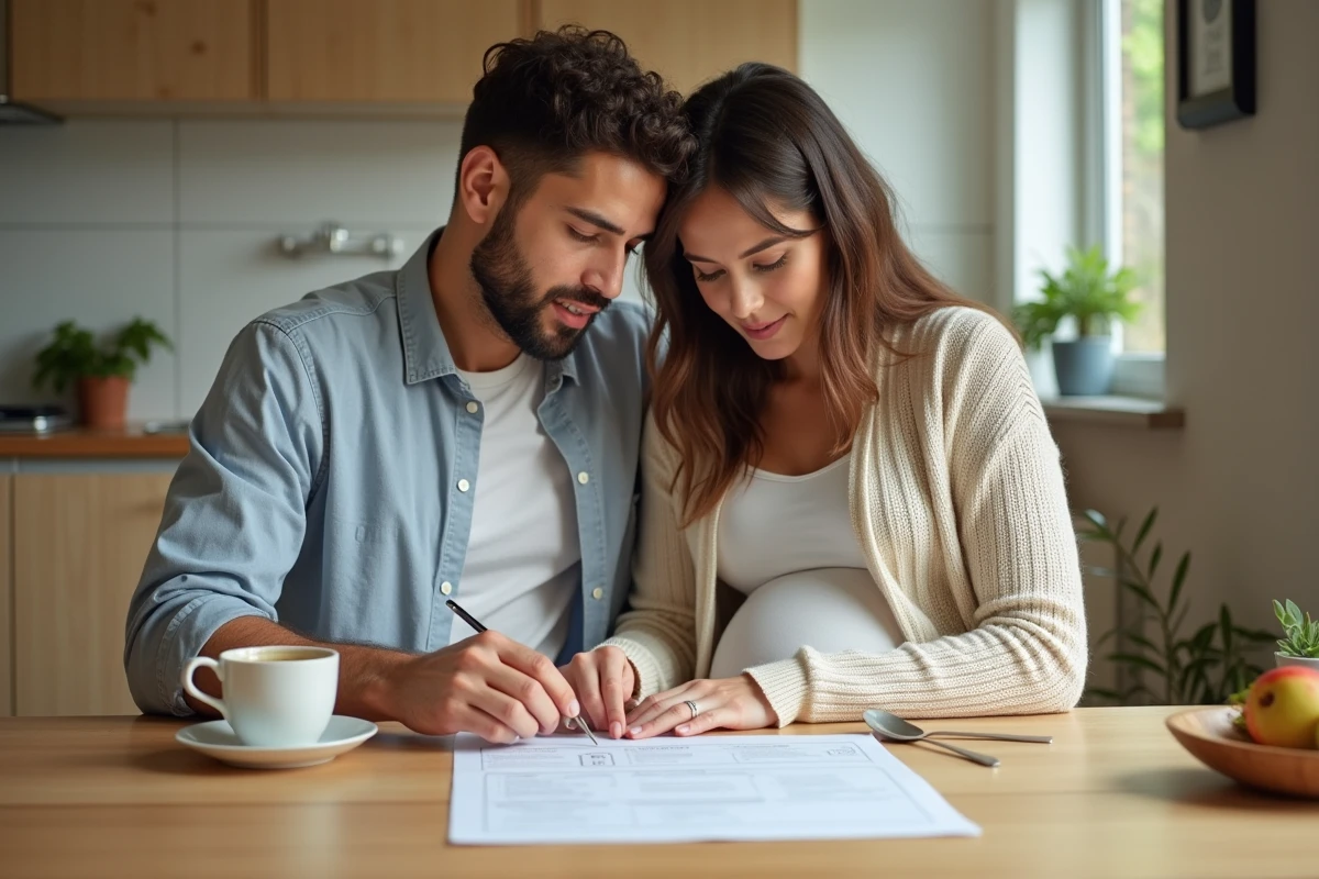 Couple de futurs parents consultant une liste de contrôle de maternité à la cuisine en cas de fissure de la poche des eaux