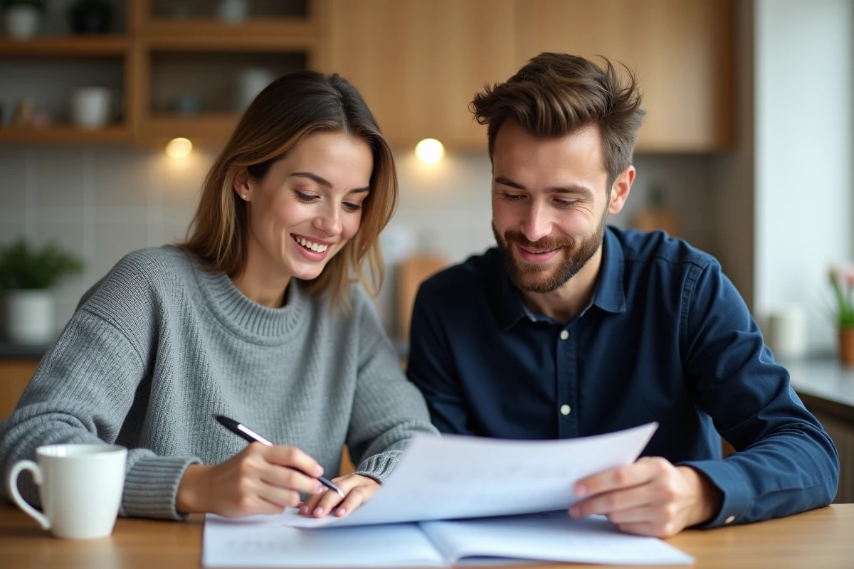 Couple étudiant un guide de mutuelle et de remboursement CPAM autour d'une table de cuisine