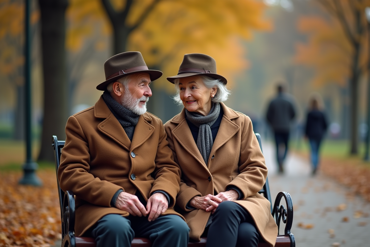 Vieux couple assis sur un banc dans un parc en automne