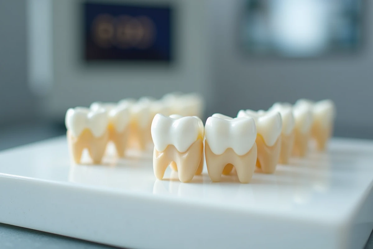 Gros plan sur des couronnes dentaires en résine imprimées en 3D posées sur un plateau en céramique dans un laboratoire dentaire