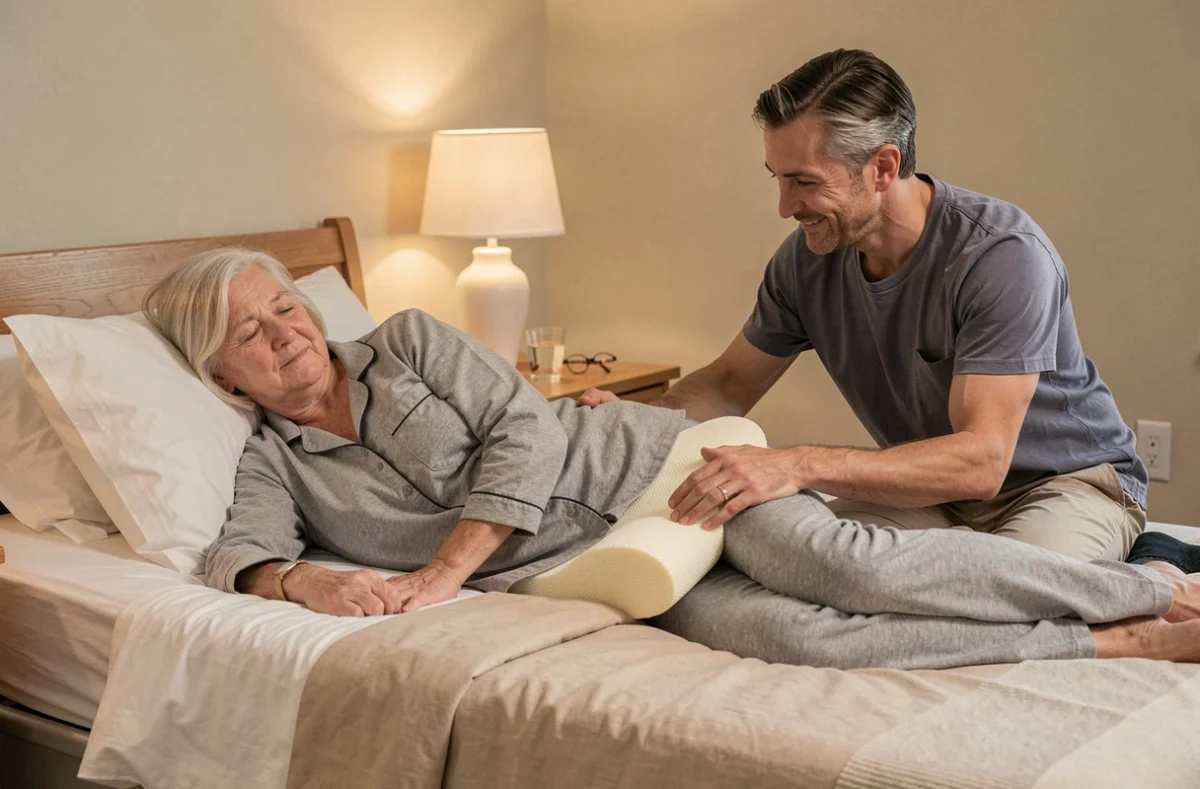 Aidant familial positionnant un coussin anti-escarre sous la zone fessière d'une femme âgée alitée à domicile pour prévenir les escarres post-opératoires