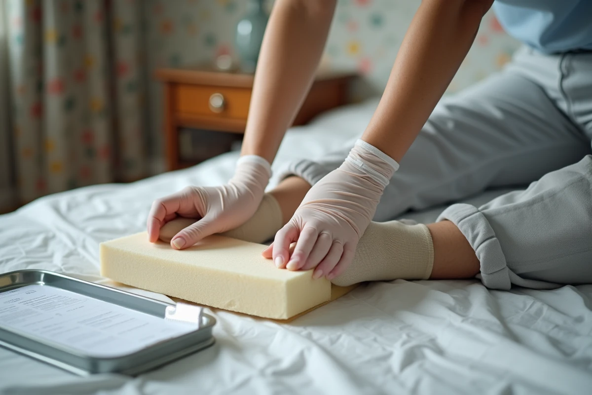 Mains d'une infirmière repositionnant un coussin anti-escarre sous le talon d'une patiente âgée lors d'une visite à domicile