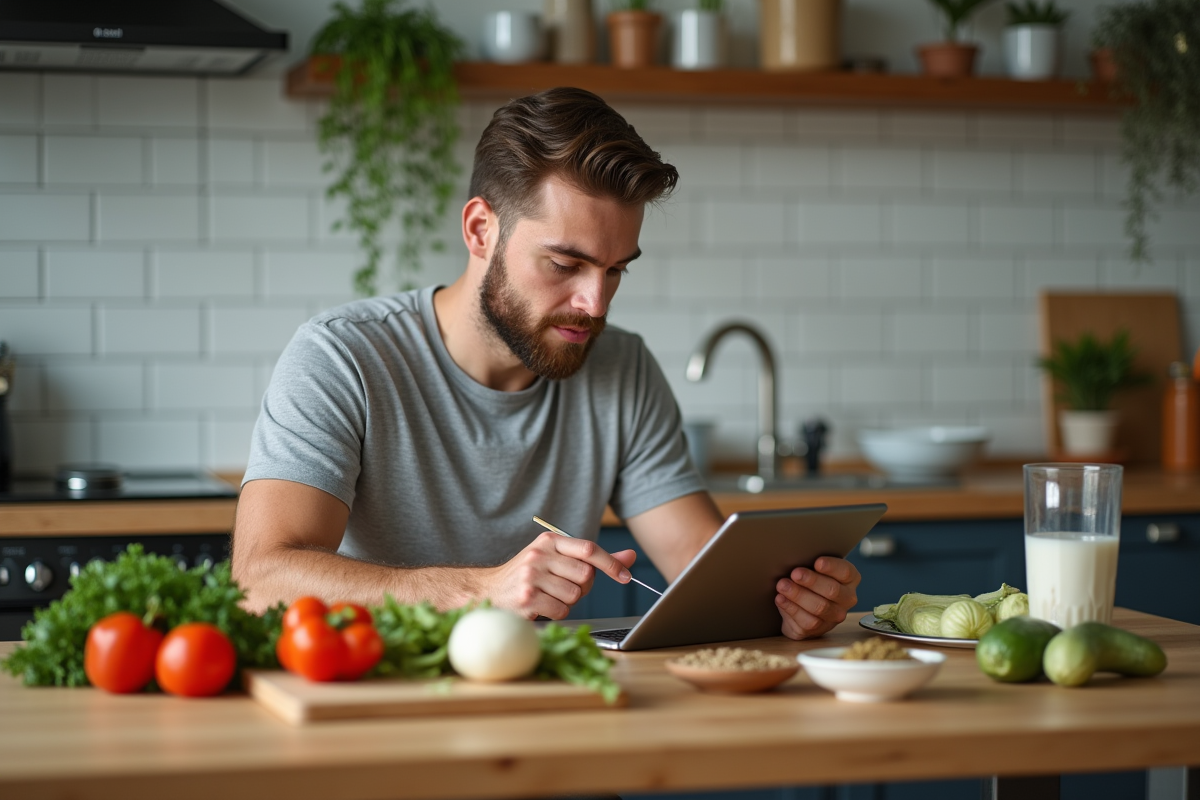 Jeune homme prépare un repas végétal dans sa cuisine