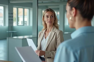 Femme déposant des documents au guichet de la CPAM de Nanterre pour ses démarches administratives