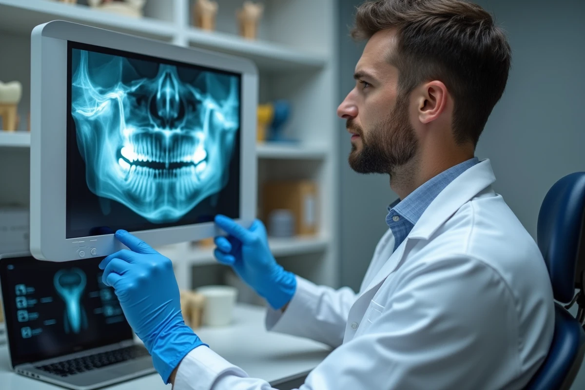 Dentiste masculin analysant une radiographie panoramique de la mâchoire en cabinet médical pour diagnostiquer des complications après extraction