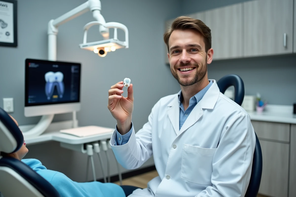 Dentiste en cabinet examinant une restauration dentaire en résine imprimée en 3D avec la technologie SprintRay