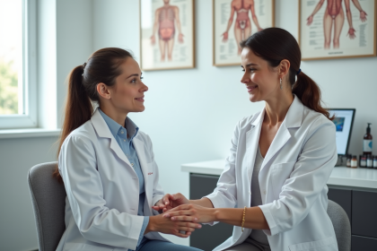 Dermatologue femme examine le bras d'une patiente dans un cabinet moderne