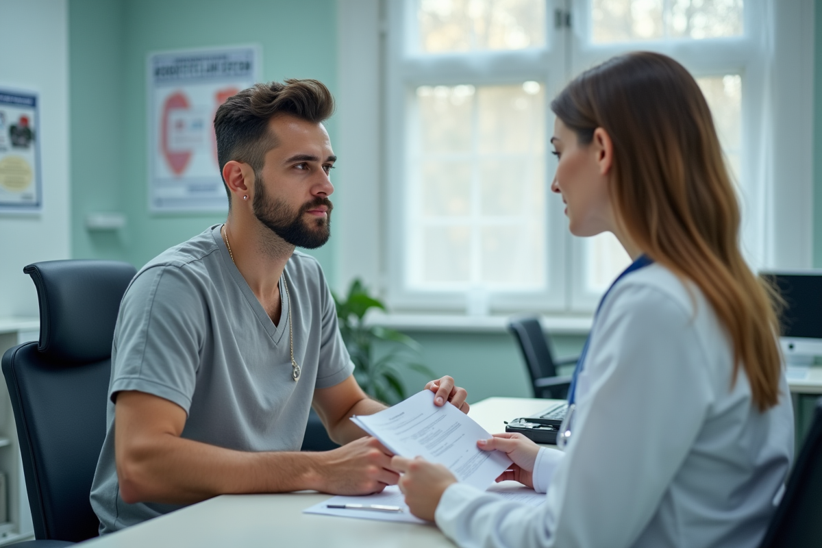 Jeune homme discutant avec une endocrinologue dans un cabinet médical