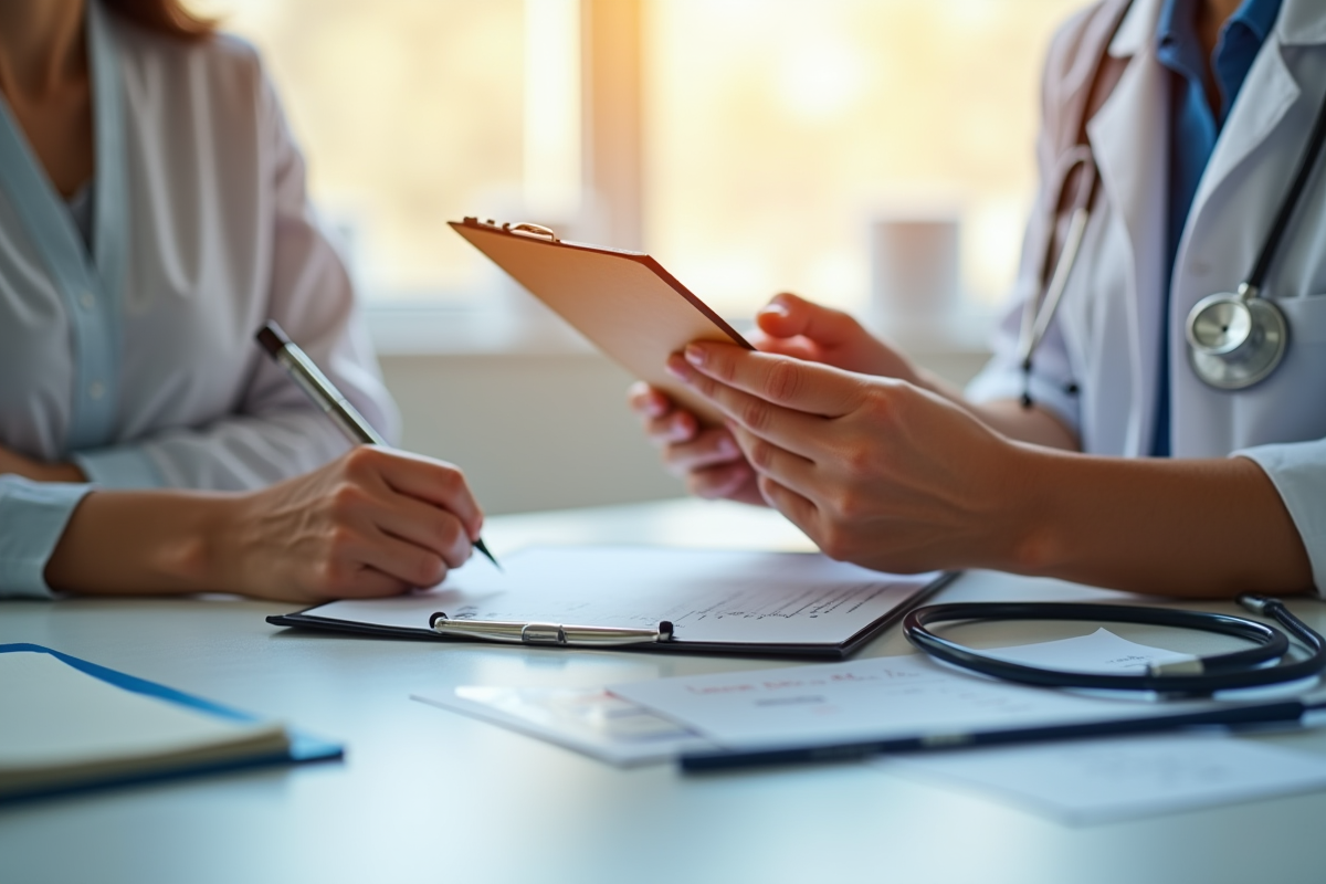 Main d’un professionnel de santé expliquant les résultats prénatals à une femme enceinte