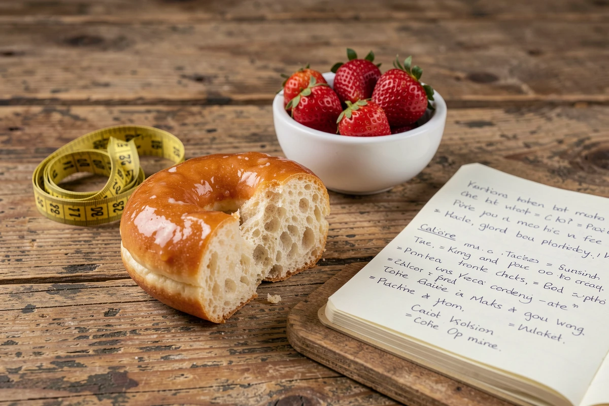 Coupe transversale d'un donut Krispy Kreme avec carnet de calories et fruits frais sur bois rustique