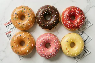 Vue aérienne de six donuts Krispy Kreme variés sur marbre blanc avec fiches nutritionnelles