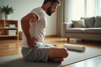 Homme adulte soulagant une douleur dans l'aine droite en position assise sur un tapis de yoga à domicile